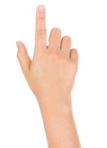 Woman hand touching virtual screen isolated on white background